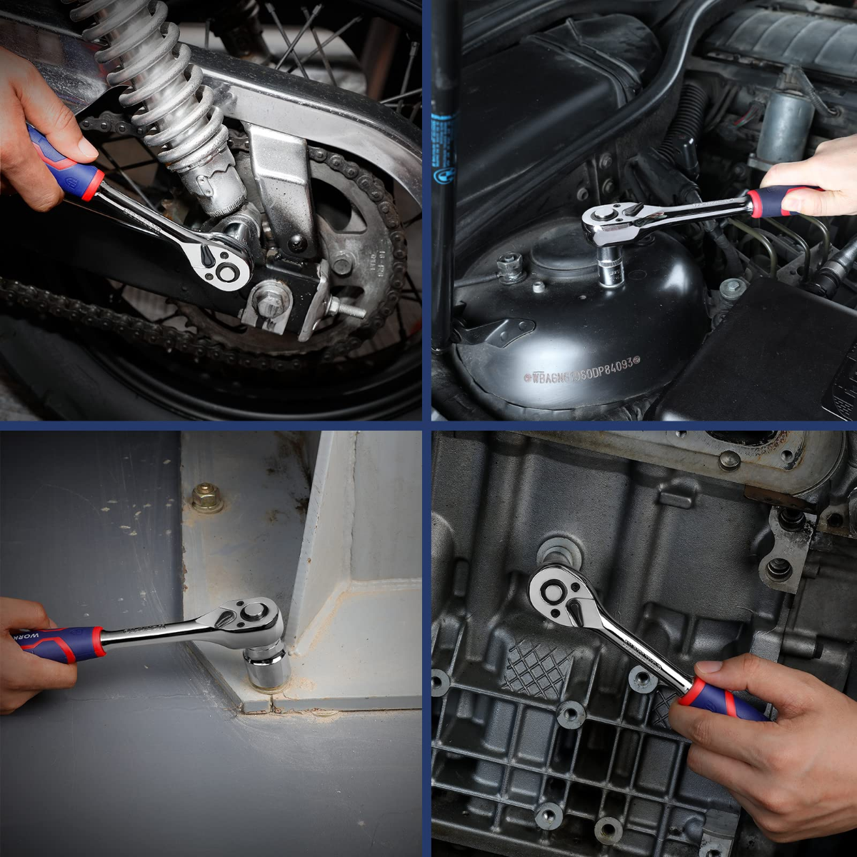 Ratchet wrench being used on vehicle parts; chrome drive head with blue-and-red handle