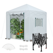 White walk-in greenhouse with transparent mesh walls, front door opening, and black frame