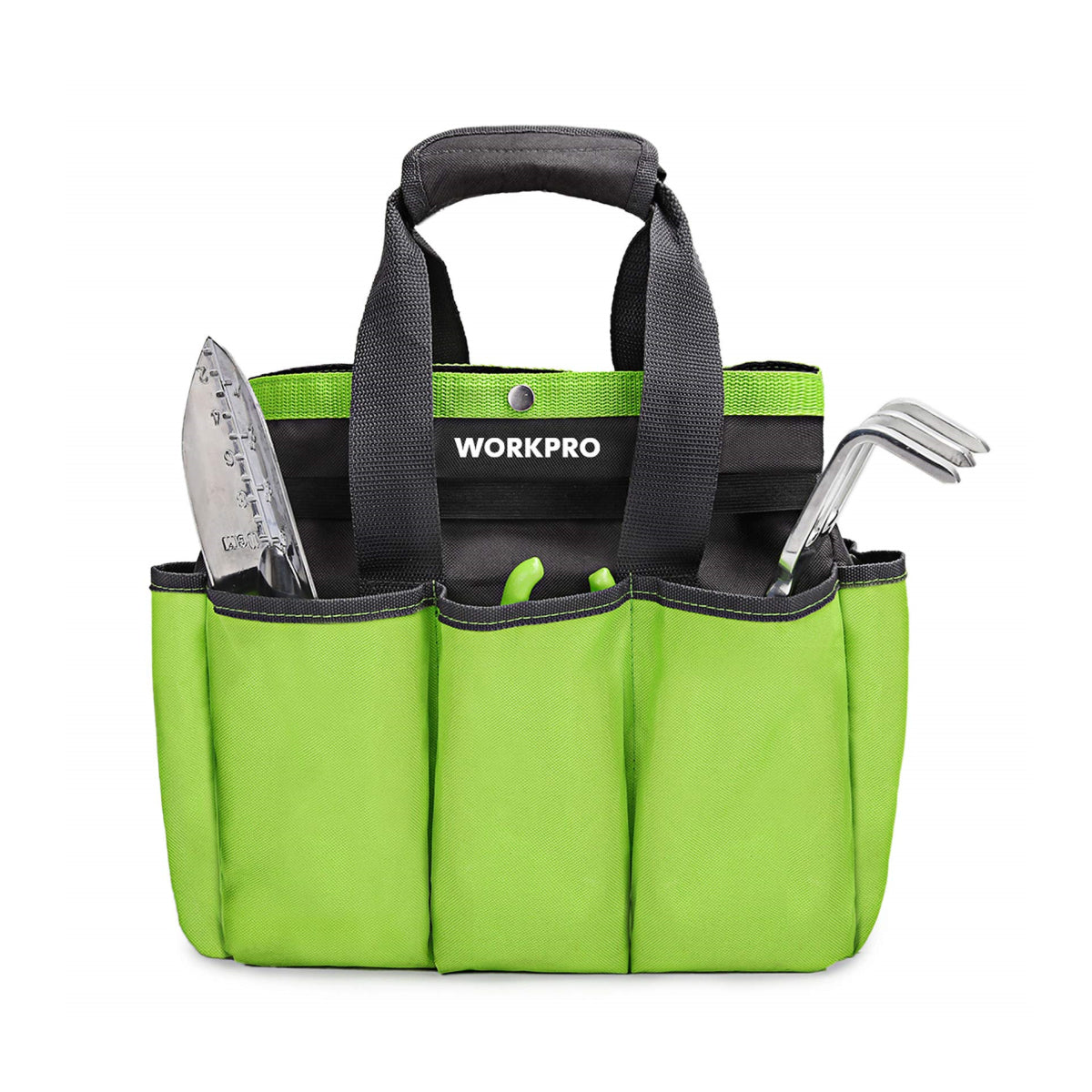Green garden tool tote bag with black handles and front multi-pocket storage
