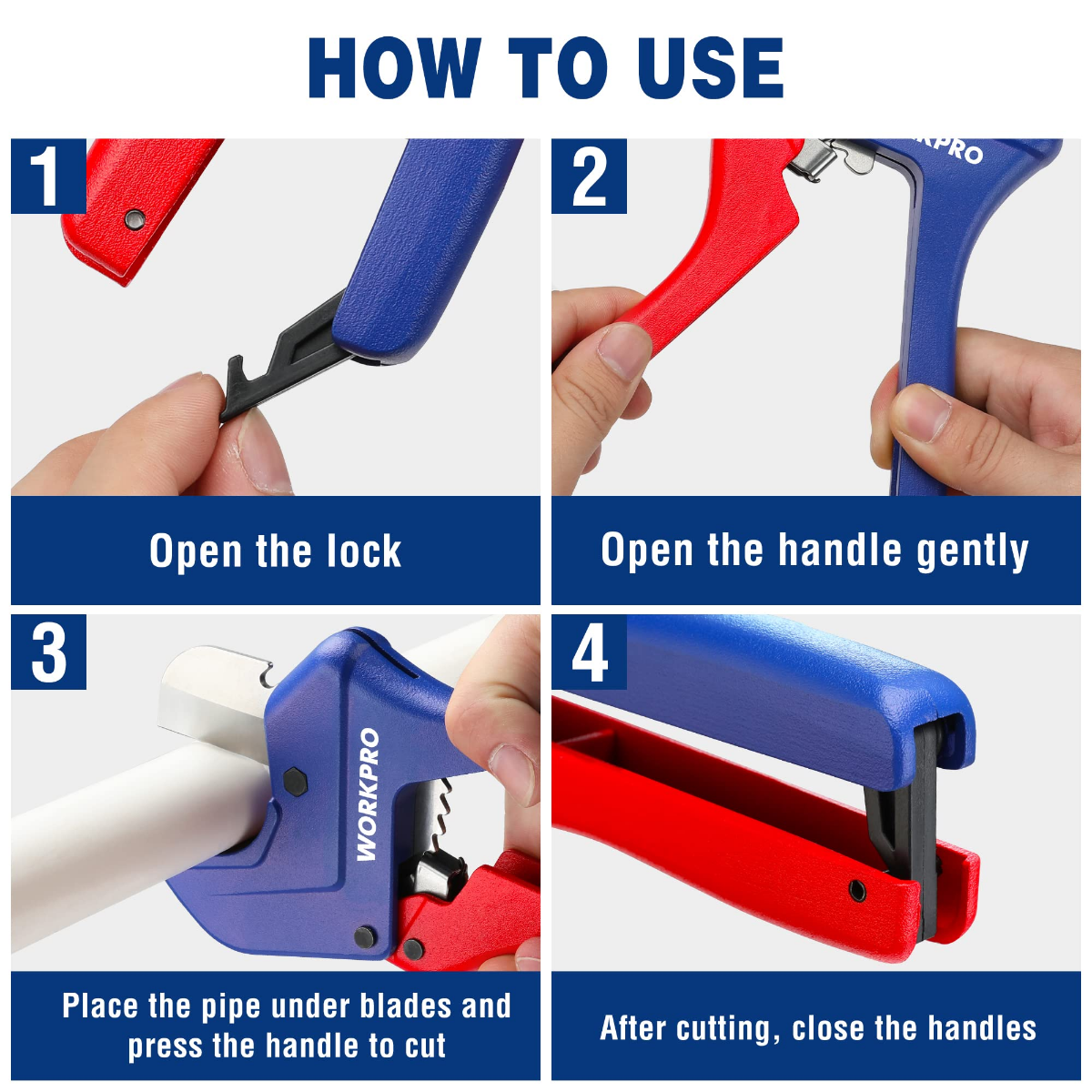 Blue and red ratchet pipe cutter with lock and handle shown for pipe cutting
