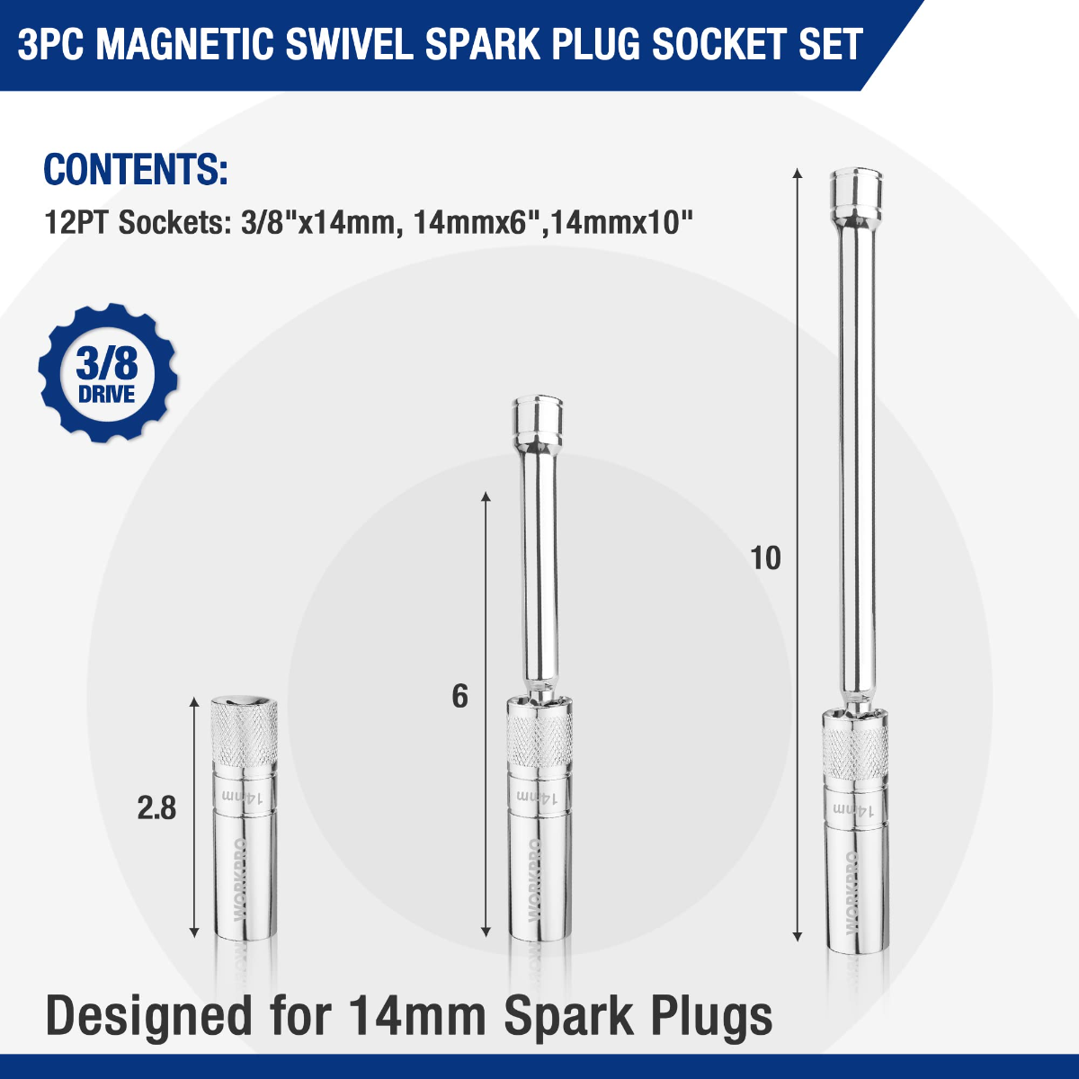 WORKPRO magnetic swivel spark plug socket set with extension bars and 12-point sockets