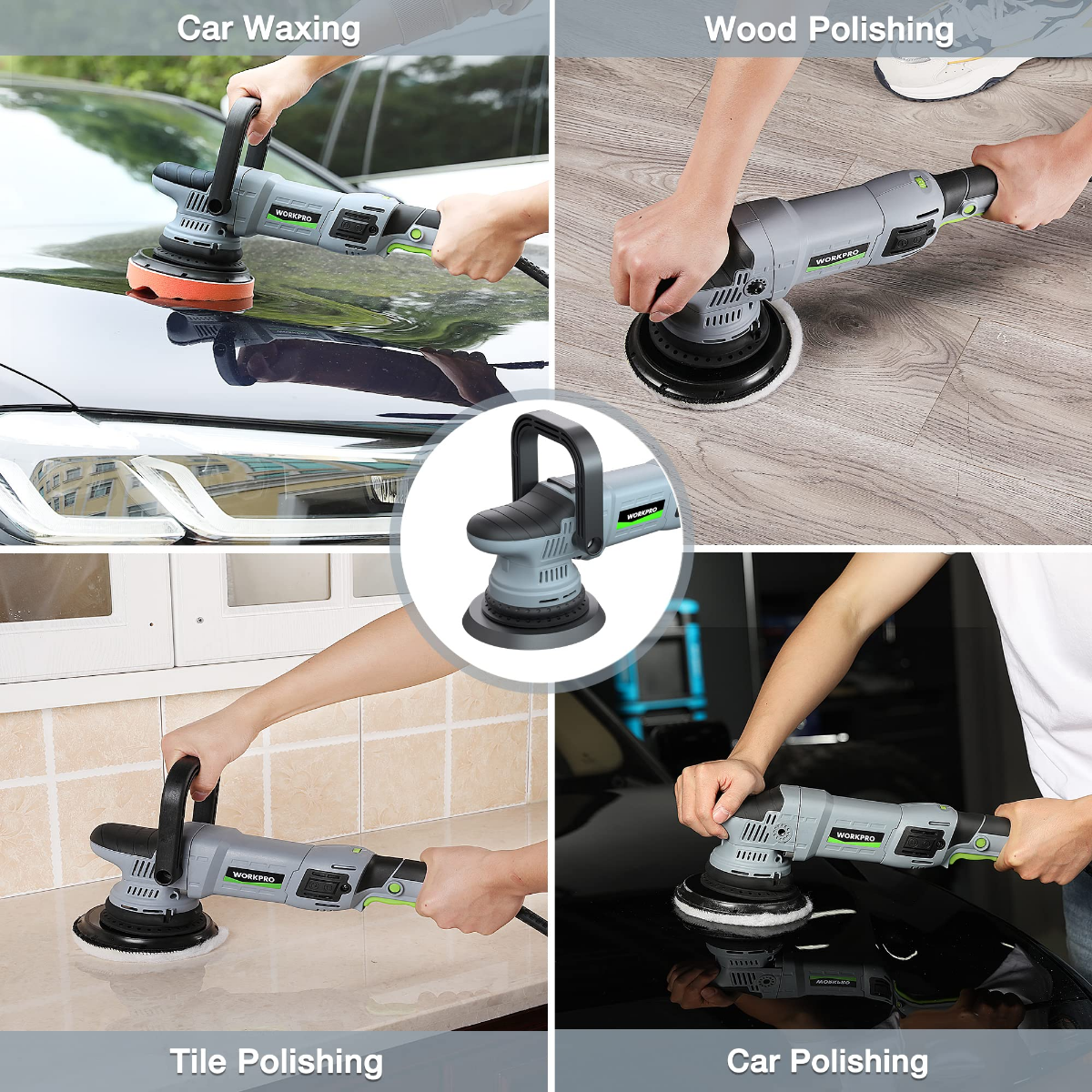 Dual action polisher used on car paint, wood flooring, and tile surfaces