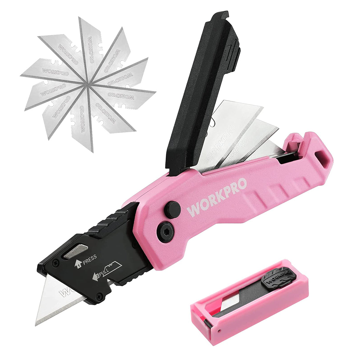 Pink folding utility knife with black blade and blade storage compartment