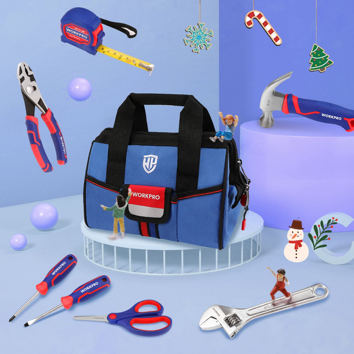 Blue kids tool bag with assorted tools, including goggles, hammer, and scissors