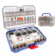 Rotary tool accessory kit in open blue case with assorted sanding, cutting and grinding bits