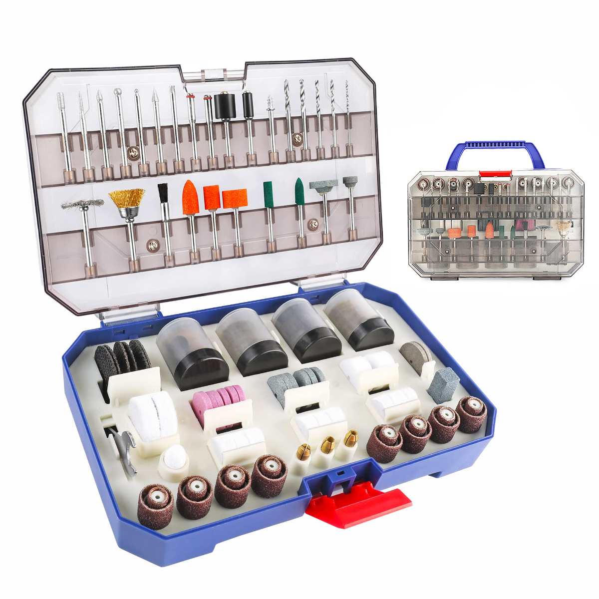 Rotary tool accessory kit in open blue case with assorted sanding, cutting and grinding bits