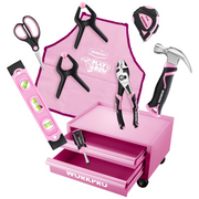 Pink kids tool set with black-and-pink tools in a rolling steel chest