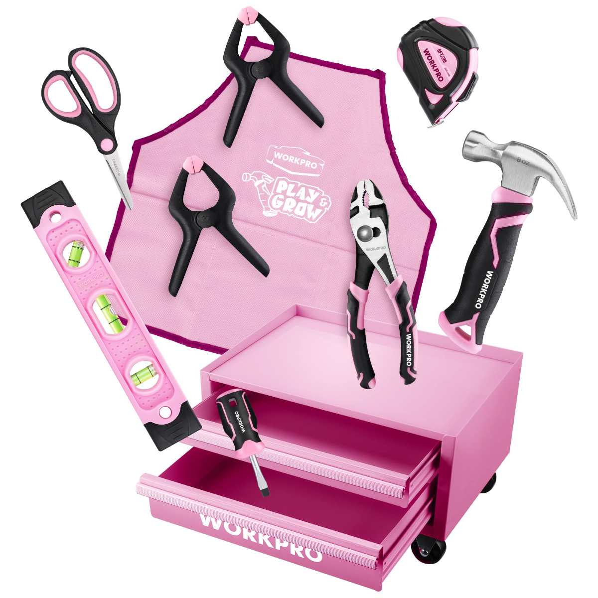 Pink kids tool set with black-and-pink tools in a rolling steel chest