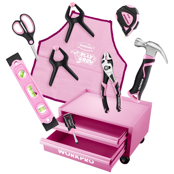 WORKPRO Beginner Kids Tool Set with 12 Inch Steel Tool Case on Wheels - Pink Ribbon