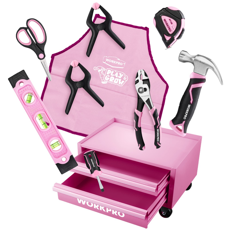 WORKPRO Pink Real Tool Set for Kids with 12 inch Mini Steel Tool Box with Wheels 10pcs Kids Real Tools with 2 Drawers Desk Metal Rolling Tool Chest