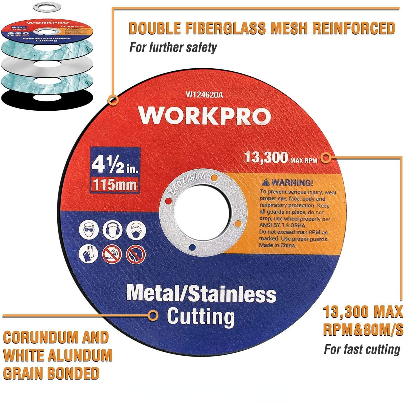 Thin 4-1/2 in metal/stainless cut-off wheel disc with red and blue grinding face