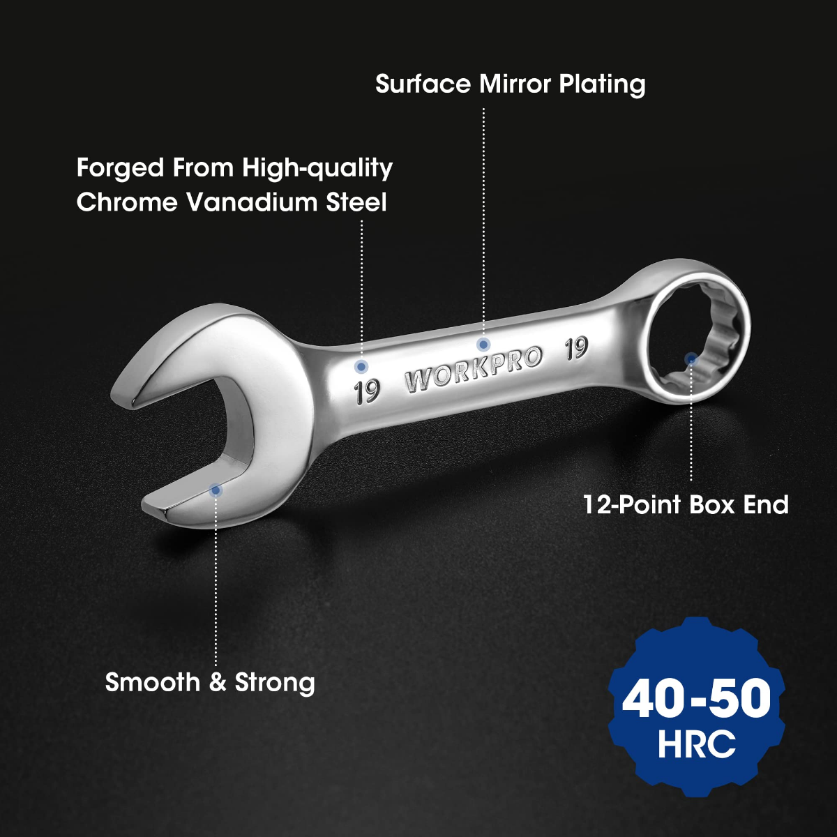 Stubby chrome combination wrench with smooth curved open end and 12-point box end