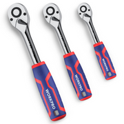 Three-piece ratchet wrench set with blue-and-red ergonomic handles and chrome steel heads