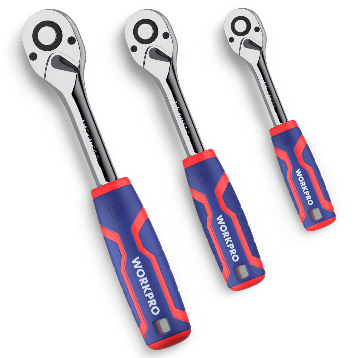 Three-piece ratchet wrench set with blue-and-red ergonomic handles and chrome steel heads