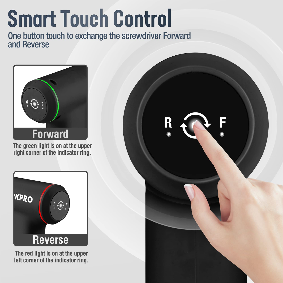 Cordless electric screwdriver, black body with forward/reverse control ring and finger dial