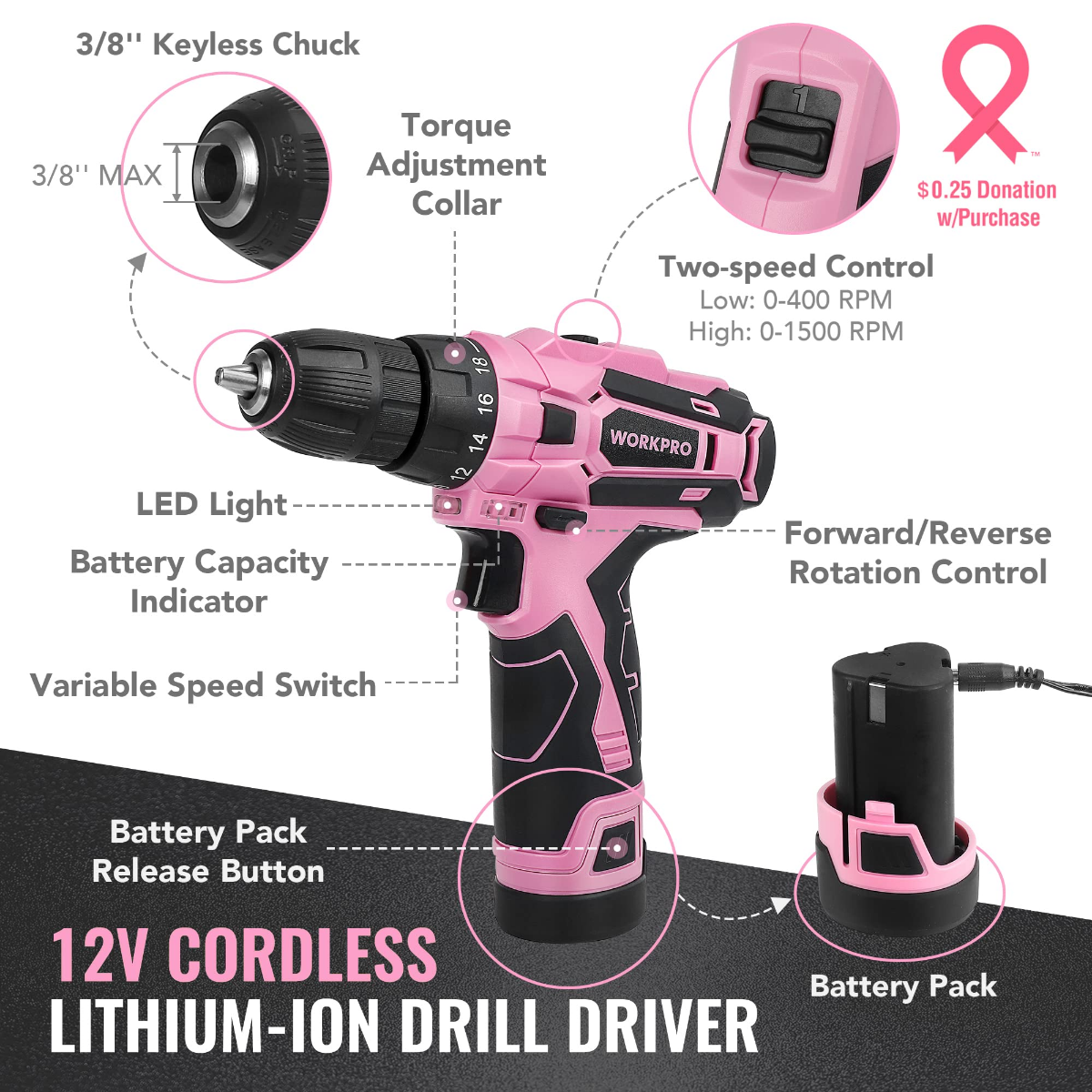 Pink 12V cordless lithium-ion drill driver with torque collar and LED light