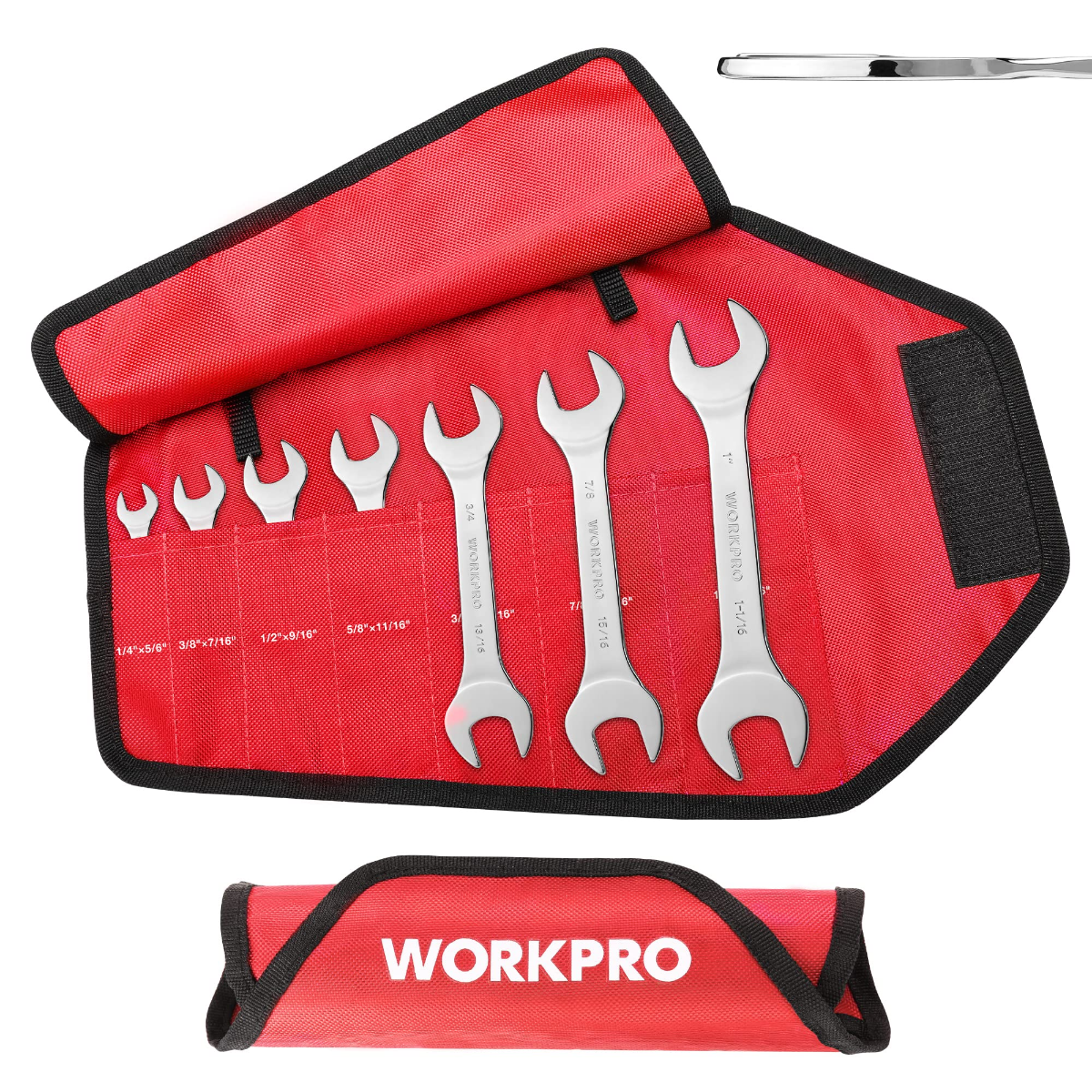 Red roll-up organizer pouch with chrome open-end wrenches and hook-and-loop strap.