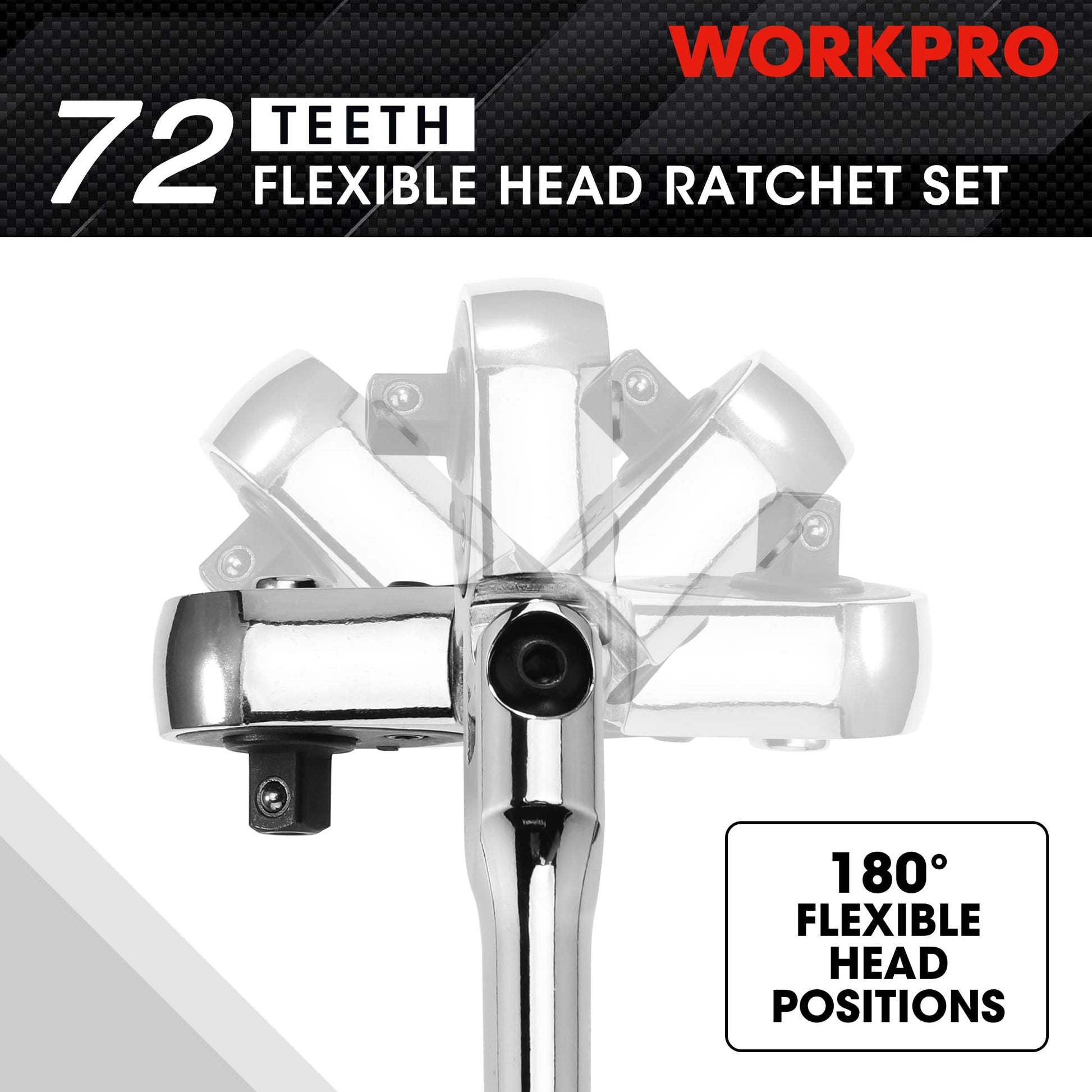 WORKPRO flex-head ratchet with chrome swivel head showing flexible head positions