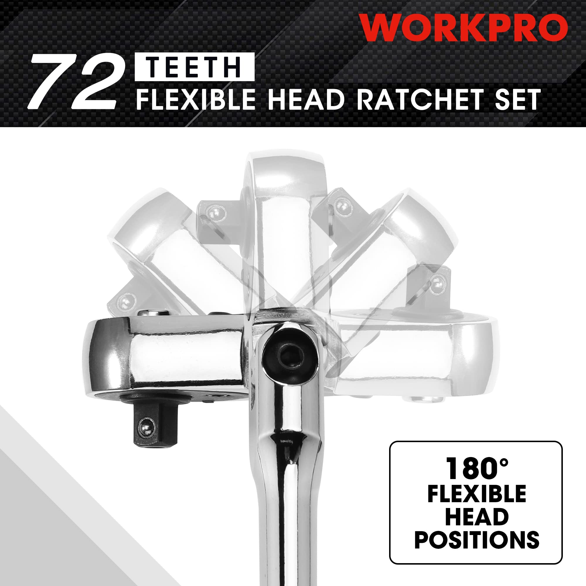 WORKPRO flex-head ratchet with chrome swivel head showing flexible head positions