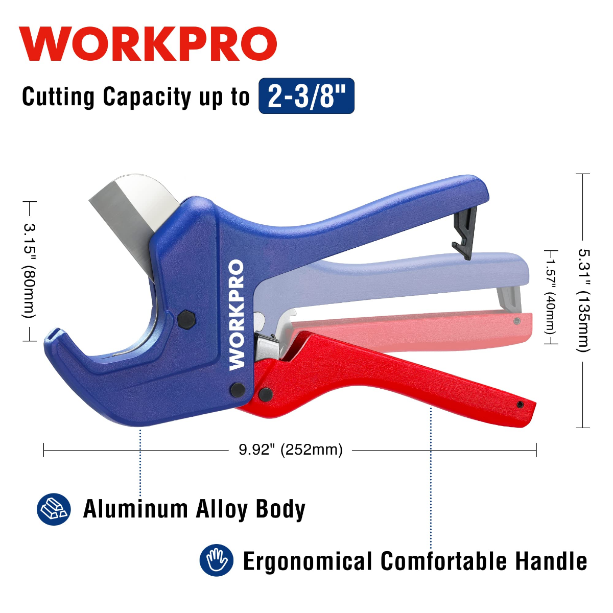 Blue ratchet pipe cutter with red handle, cutting capacity up to 2-3/8 in