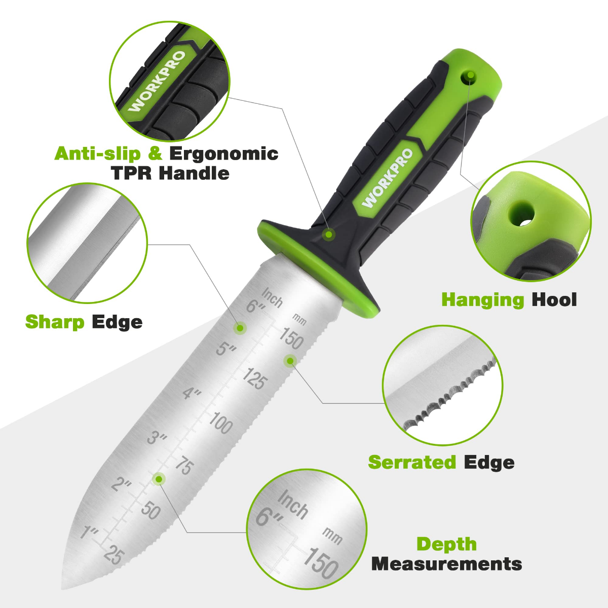 Garden knife with green TPR handle and serrated stainless blade, in black oxford sheath