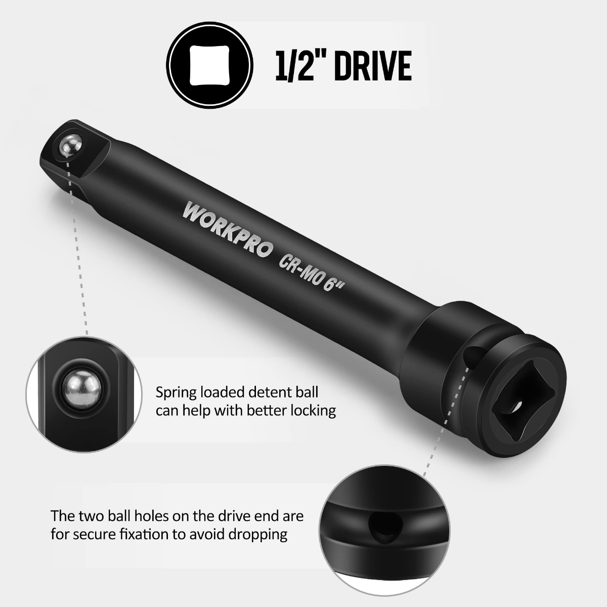 1/2-inch drive impact extension bar with square socket and detent ball