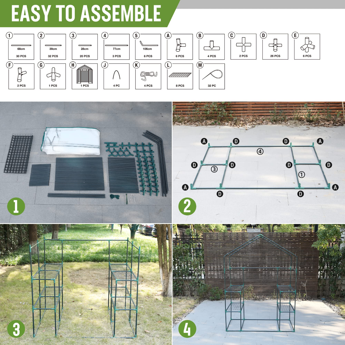 Portable walk-in greenhouse assembly steps showing frame and shelf setup