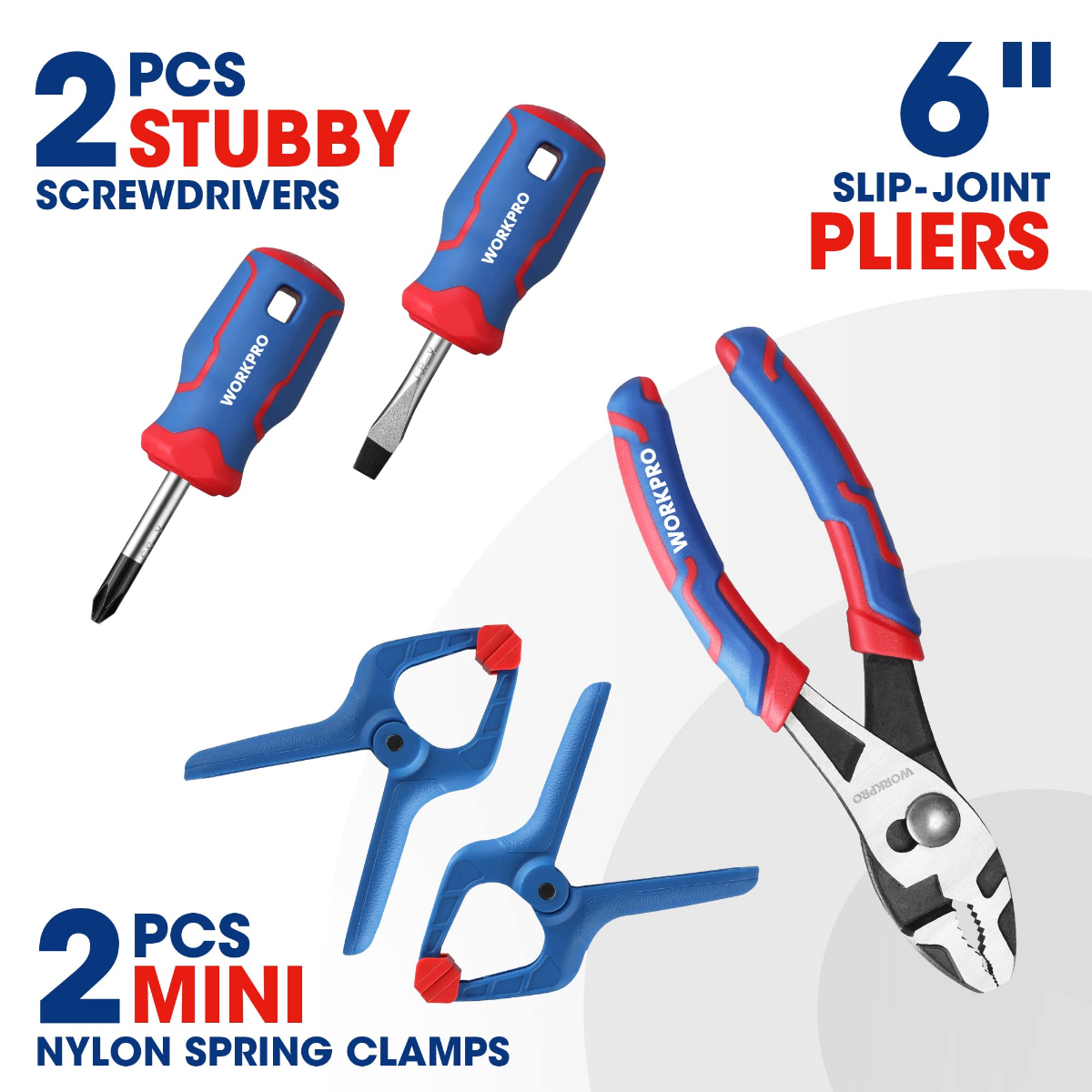 Kids hand tools set with stubby screwdrivers and nylon spring clamps