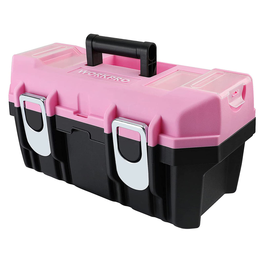 WORKPRO 16-inch Tool Box, Pink Plastic Toolbox with Metal Latch and R