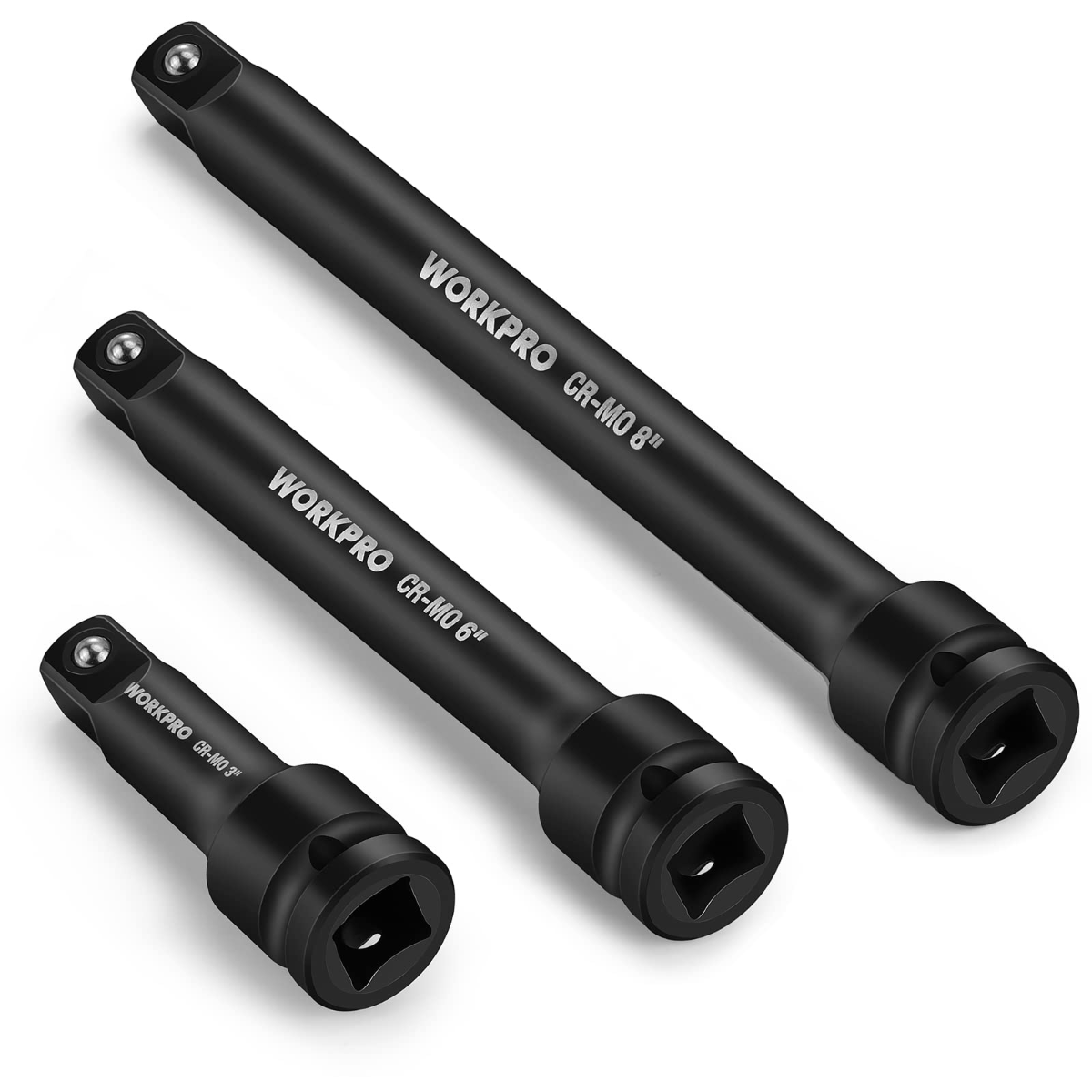 Three black socket extension bars, angled view, with square drive openings
