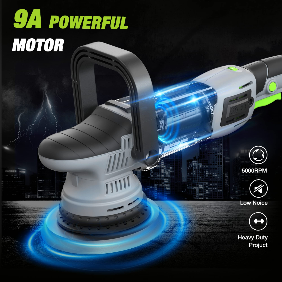 Dual action random orbital polisher with green speed control and circular backing pad