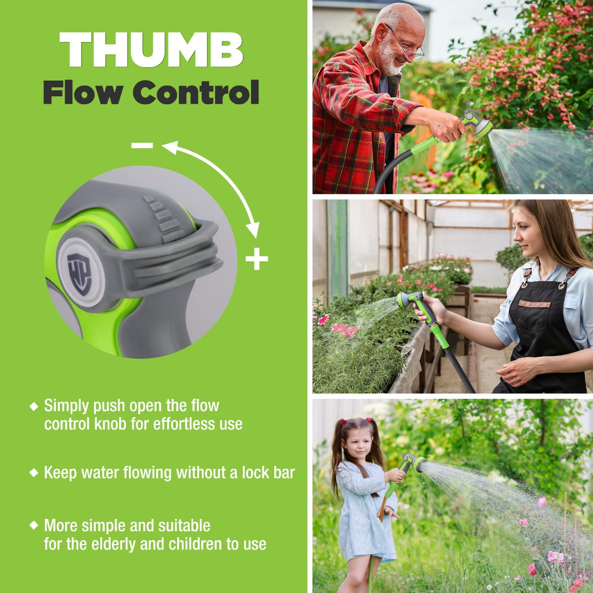THUMB flow control garden hose nozzle sprayer with green push flow dial