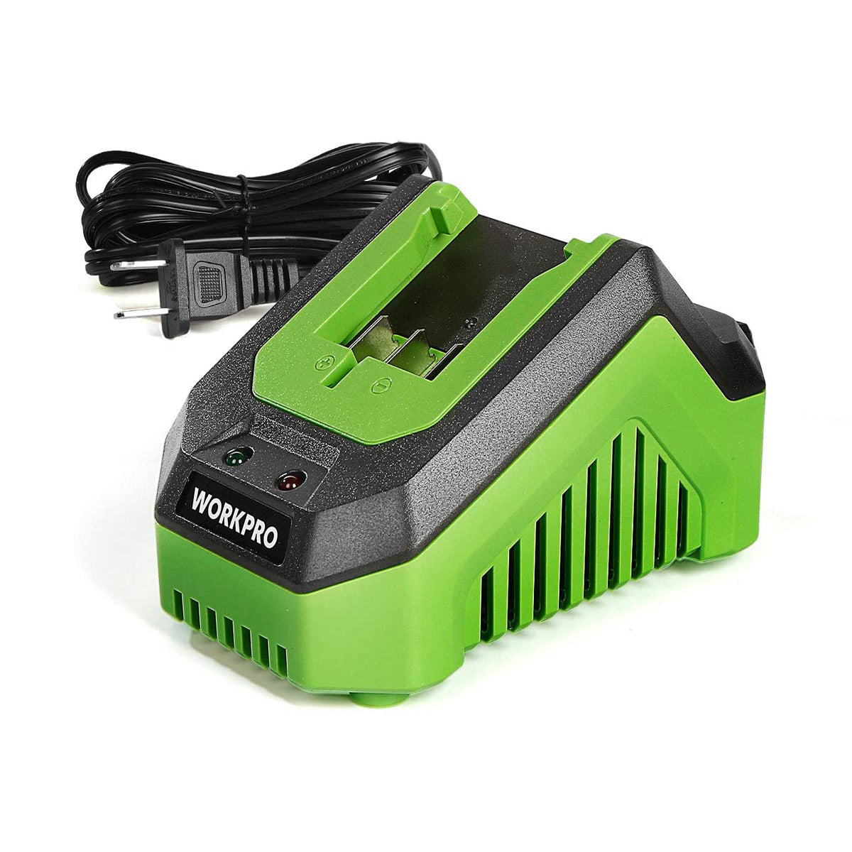 WORKPRO 20V lithium battery charger, green and black with LED and cooling vents