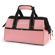 Pink soft-sided tool bag with black trim, double handles, and front zip closure.