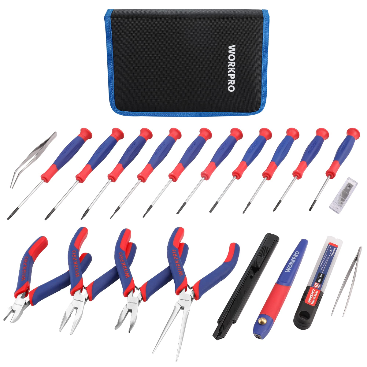 Blue-and-pink precision repair tool set with zip case and red-blue handled pliers