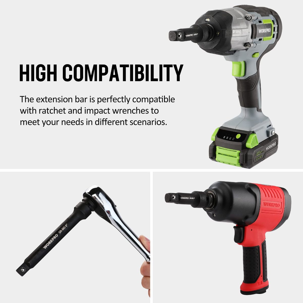 Extension bar set shown with cordless impact wrench for 1/2-inch drive sockets