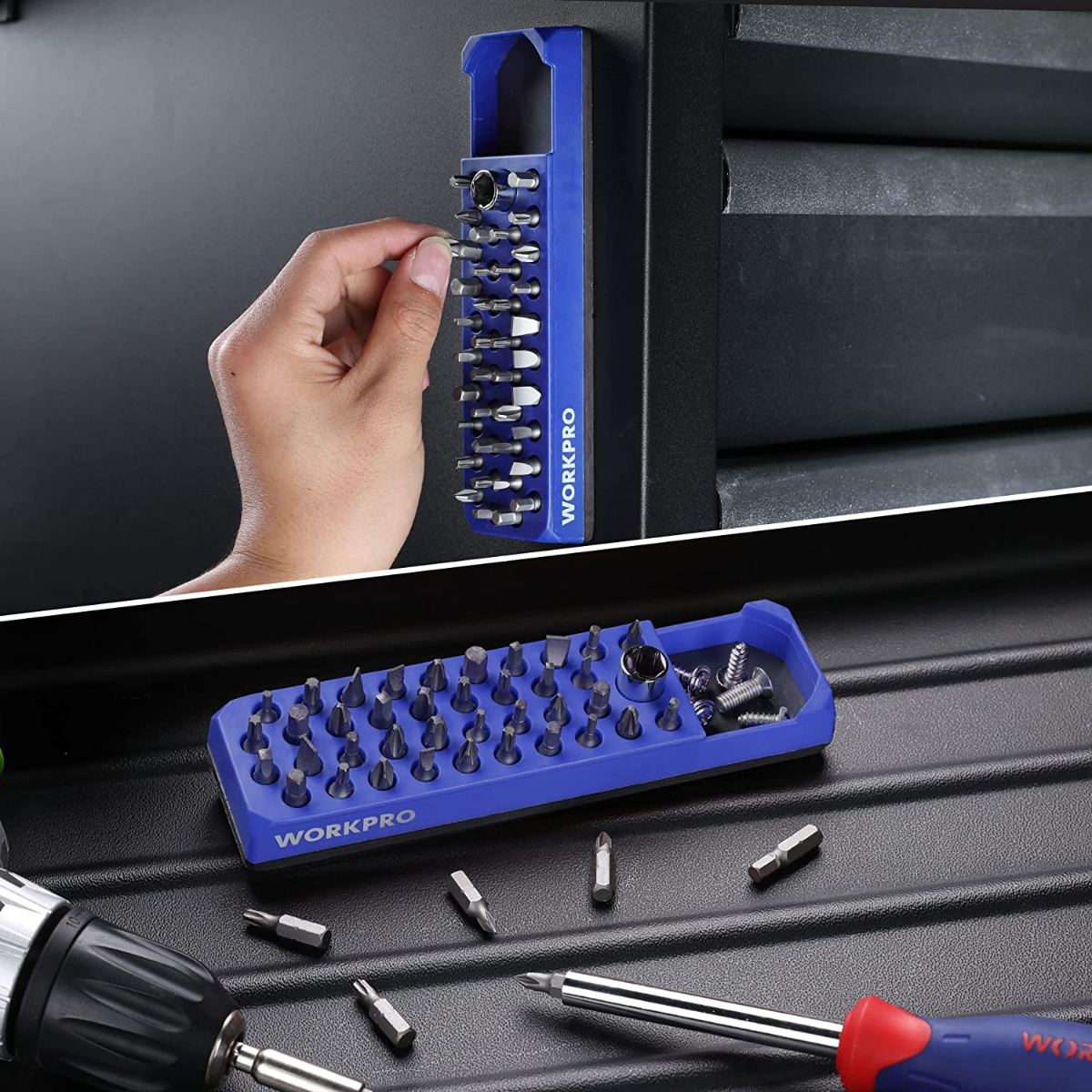 WORKPRO blue magnetic hex bit organizer on toolbox with hex bits being inserted