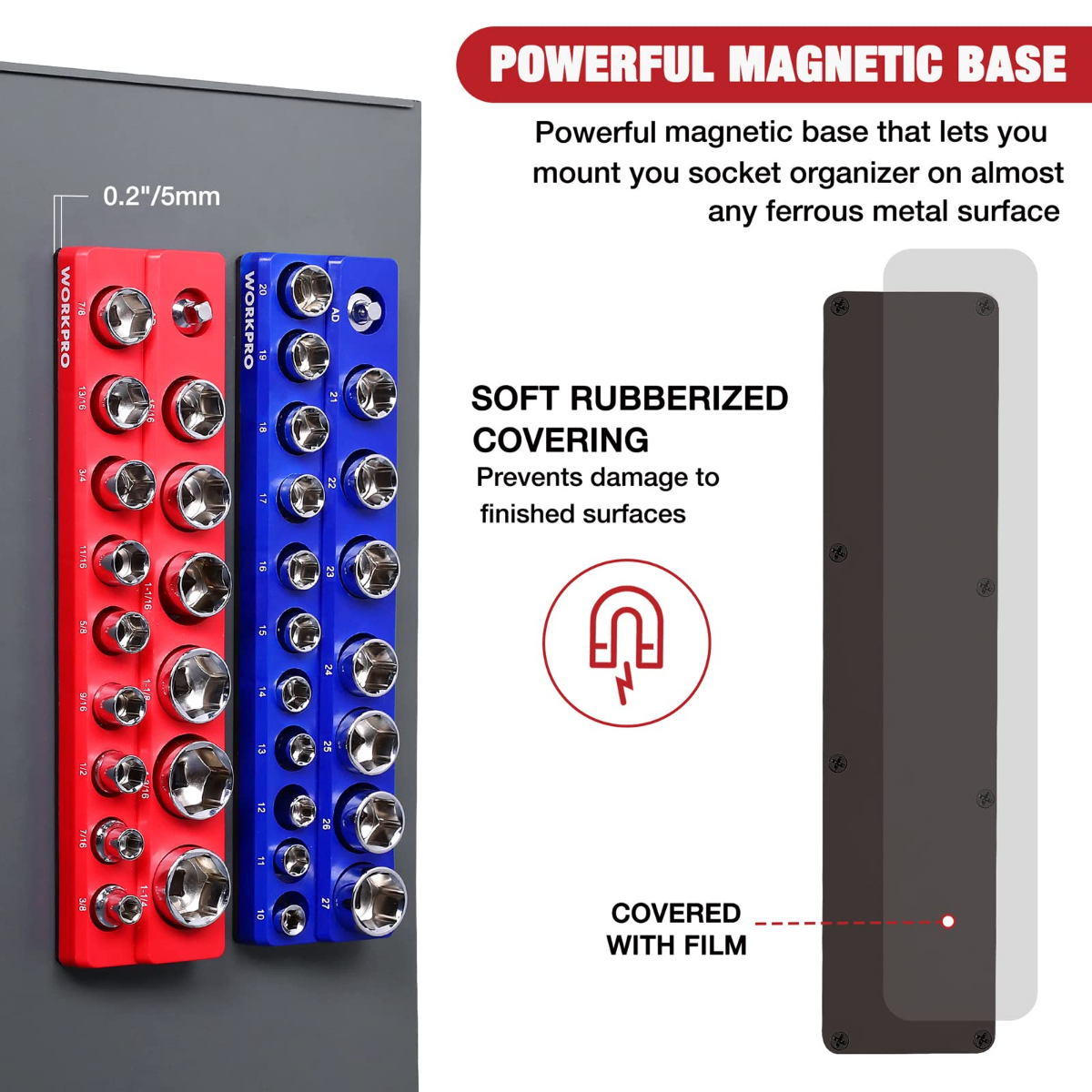 Red and blue magnetic socket organizer set with rubberized mounting base