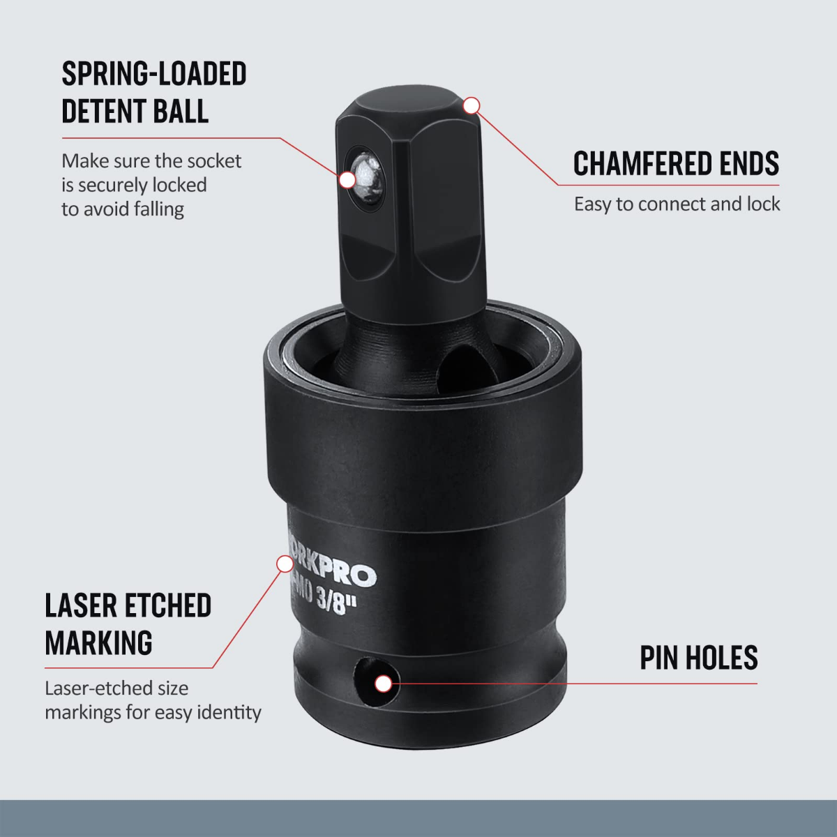 Black universal joint socket with spring detent ball and chamfered ends