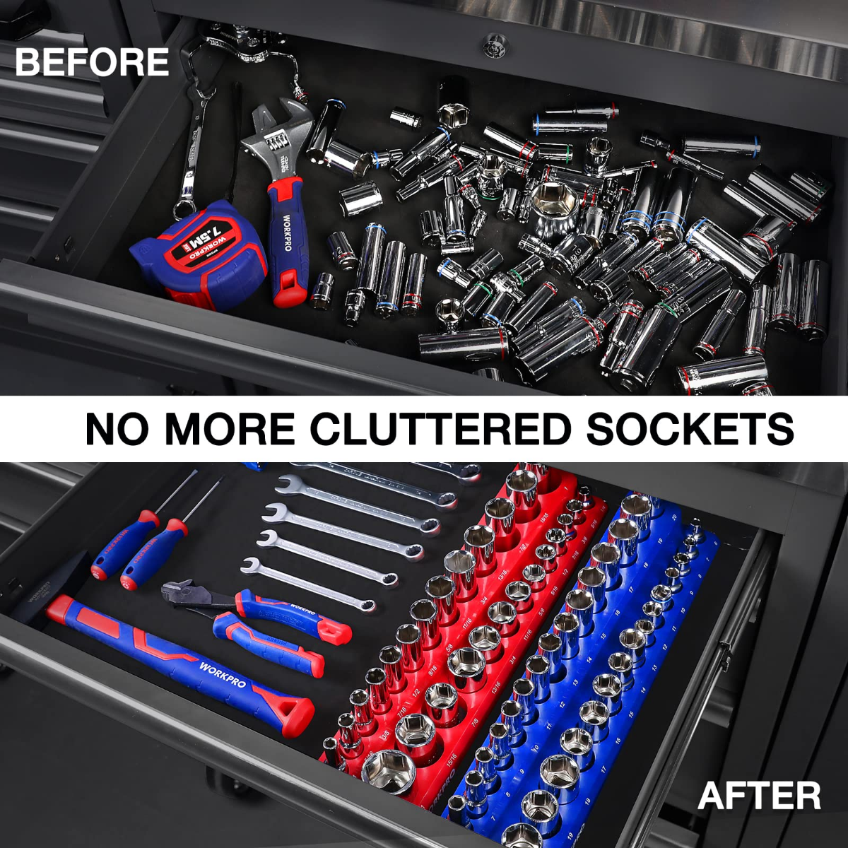 Tool drawer with organized chrome sockets on red and blue magnetic organizer trays