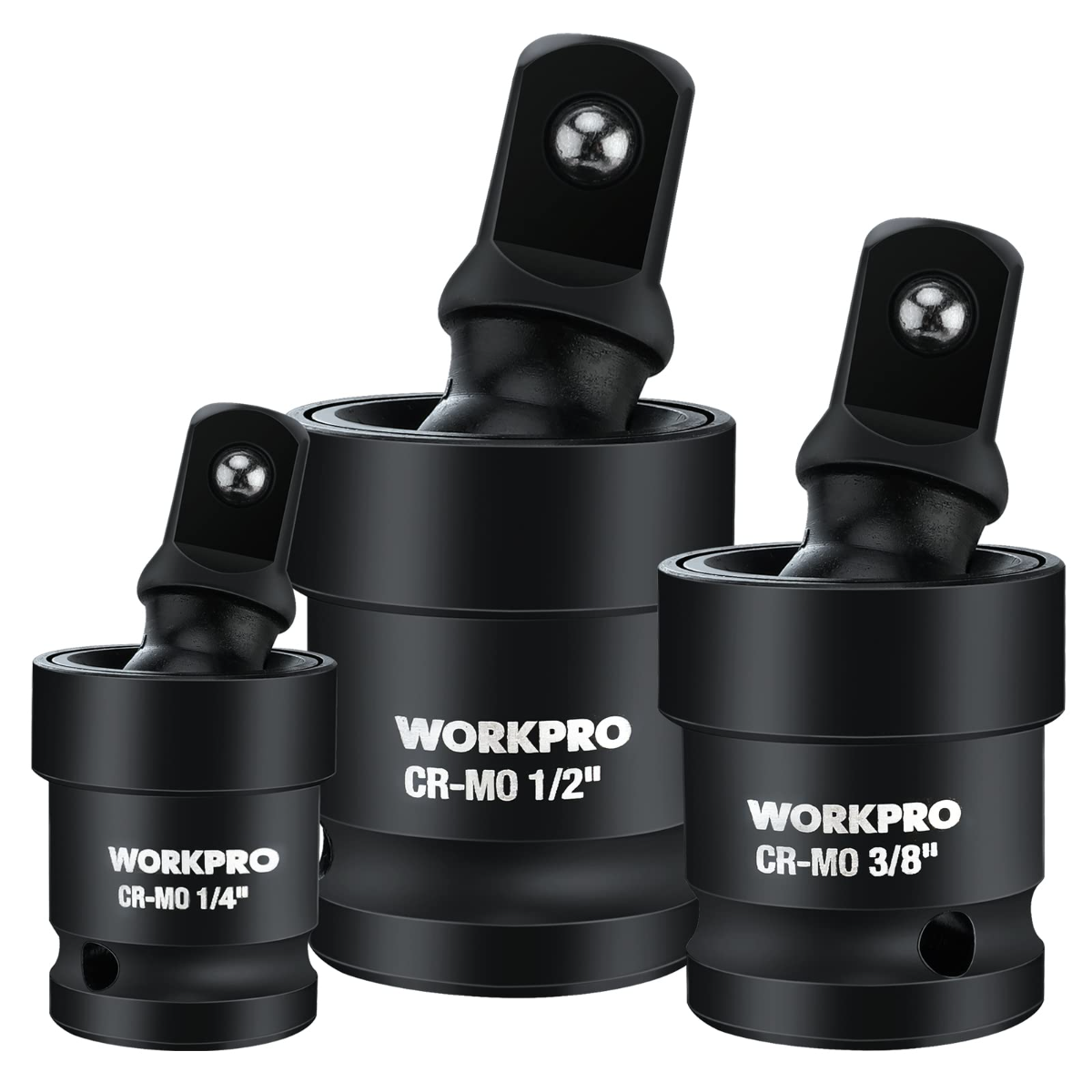 WORKPRO impact universal joint set, three black swivel sockets, 1/4 3/8 1/2 drive