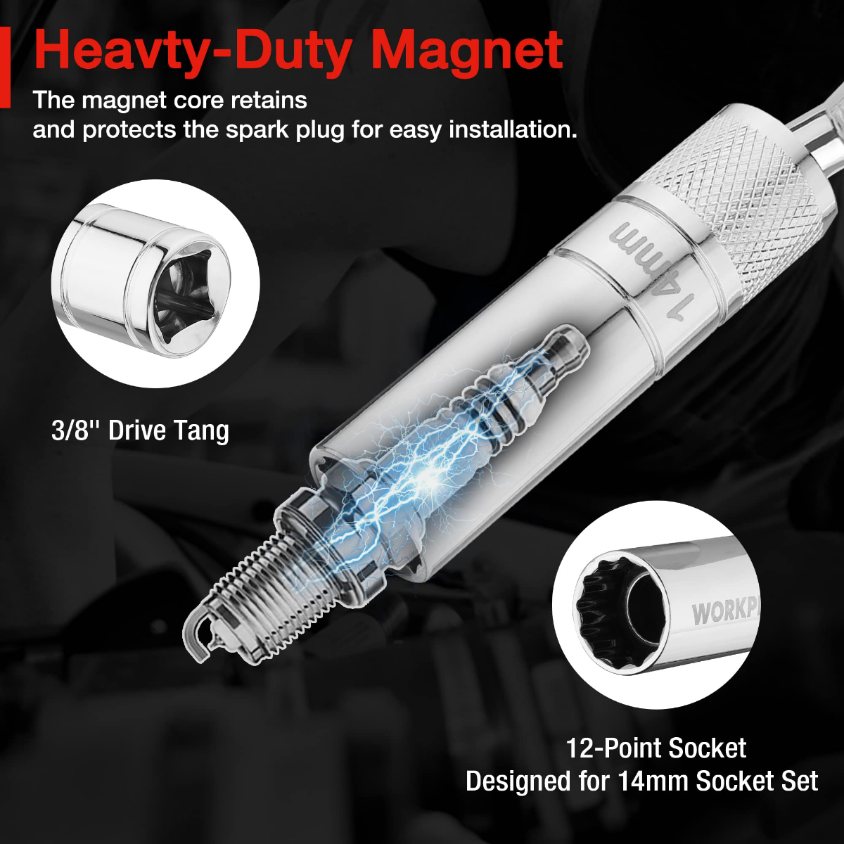 Magnetic spark plug socket extension with 12-point socket for easy installation