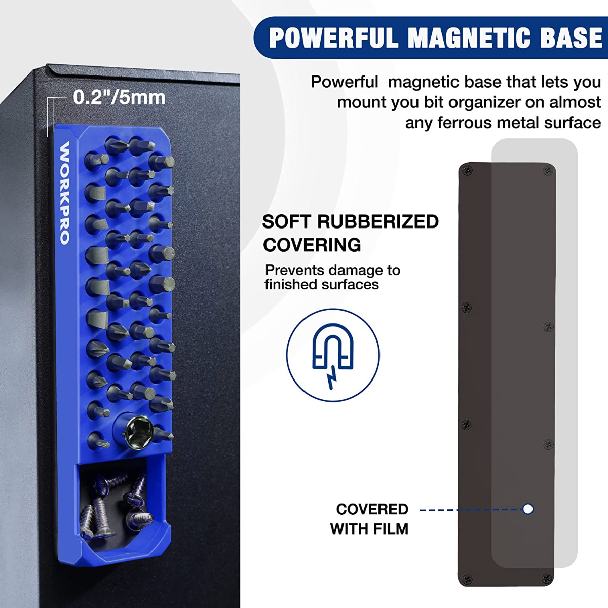 WORKPRO blue magnetic hex bit organizer tray with open storage and hex bit holes