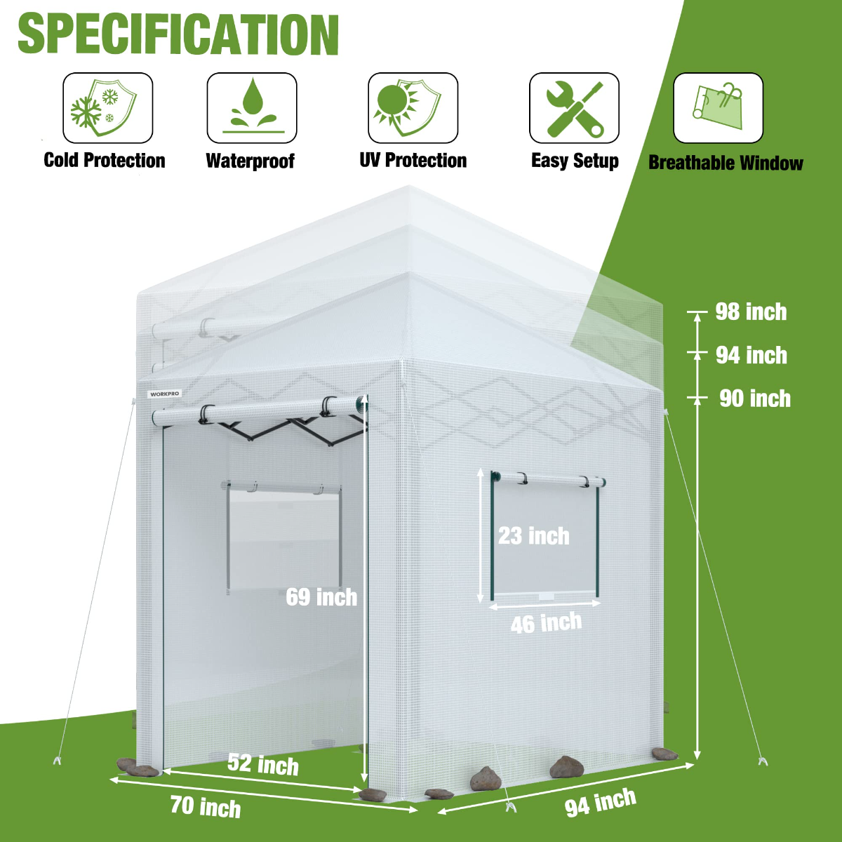 Portable walk-in greenhouse with mesh panels and black steel frame, with size diagram