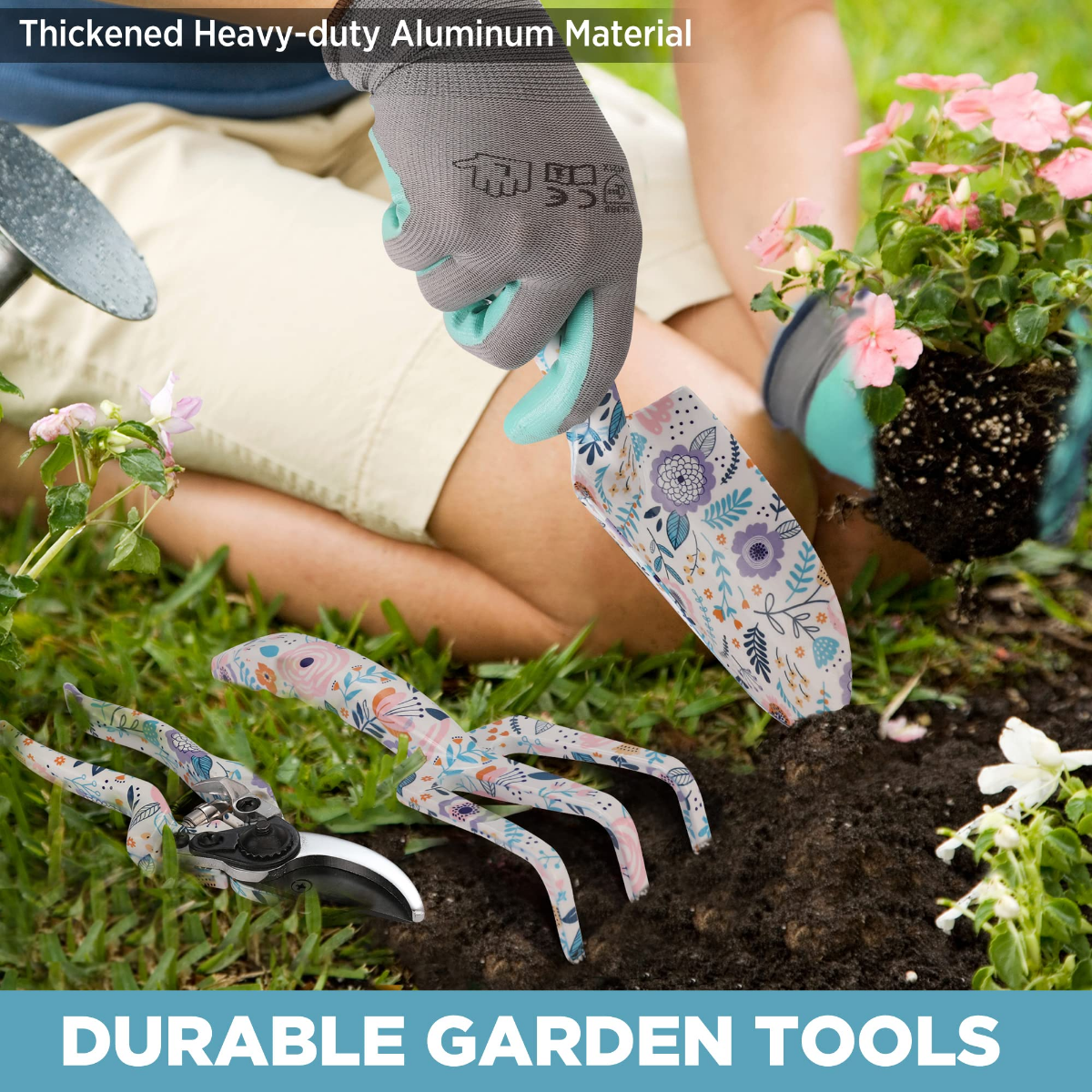 Durable garden pruner with floral handle grips and aluminum blades cutting plants near soil