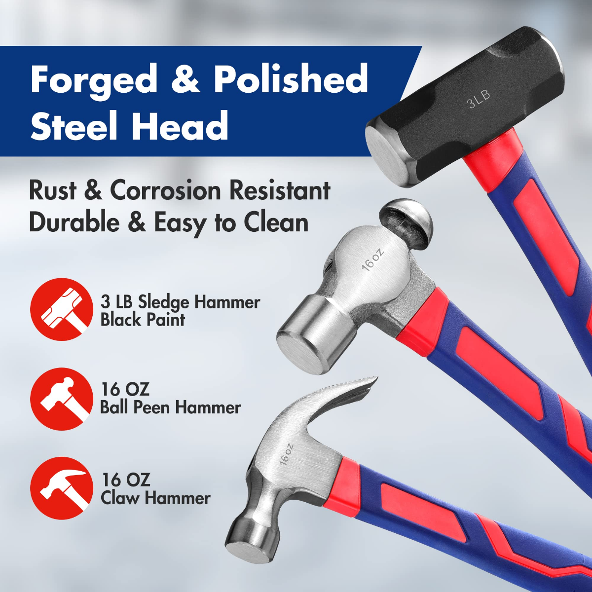 Forged steel hammer heads on blue-and-red handles, including sledge, ball peen, and claw