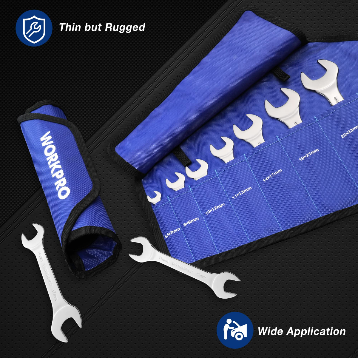 Blue roll-up wrench pouch with assorted metric super-thin open-end wrenches