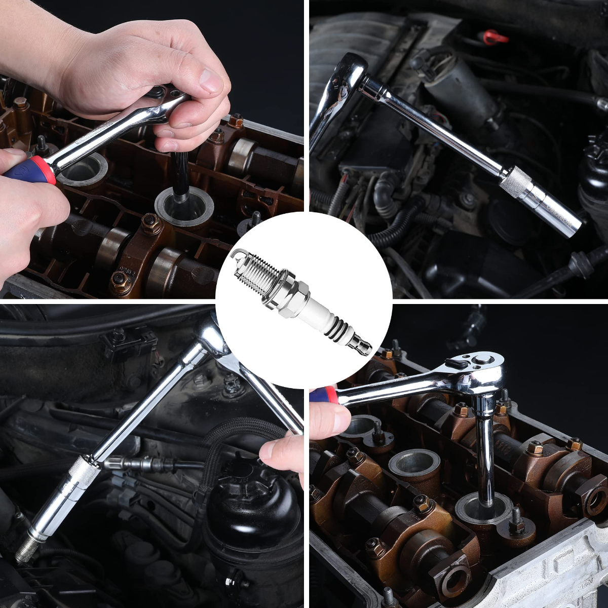 Spark plug socket wrench holding a spark plug on a vehicle engine