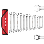 WORKPRO 12-piece Cr-V combination wrench set with red roll-up case and chrome wrenches