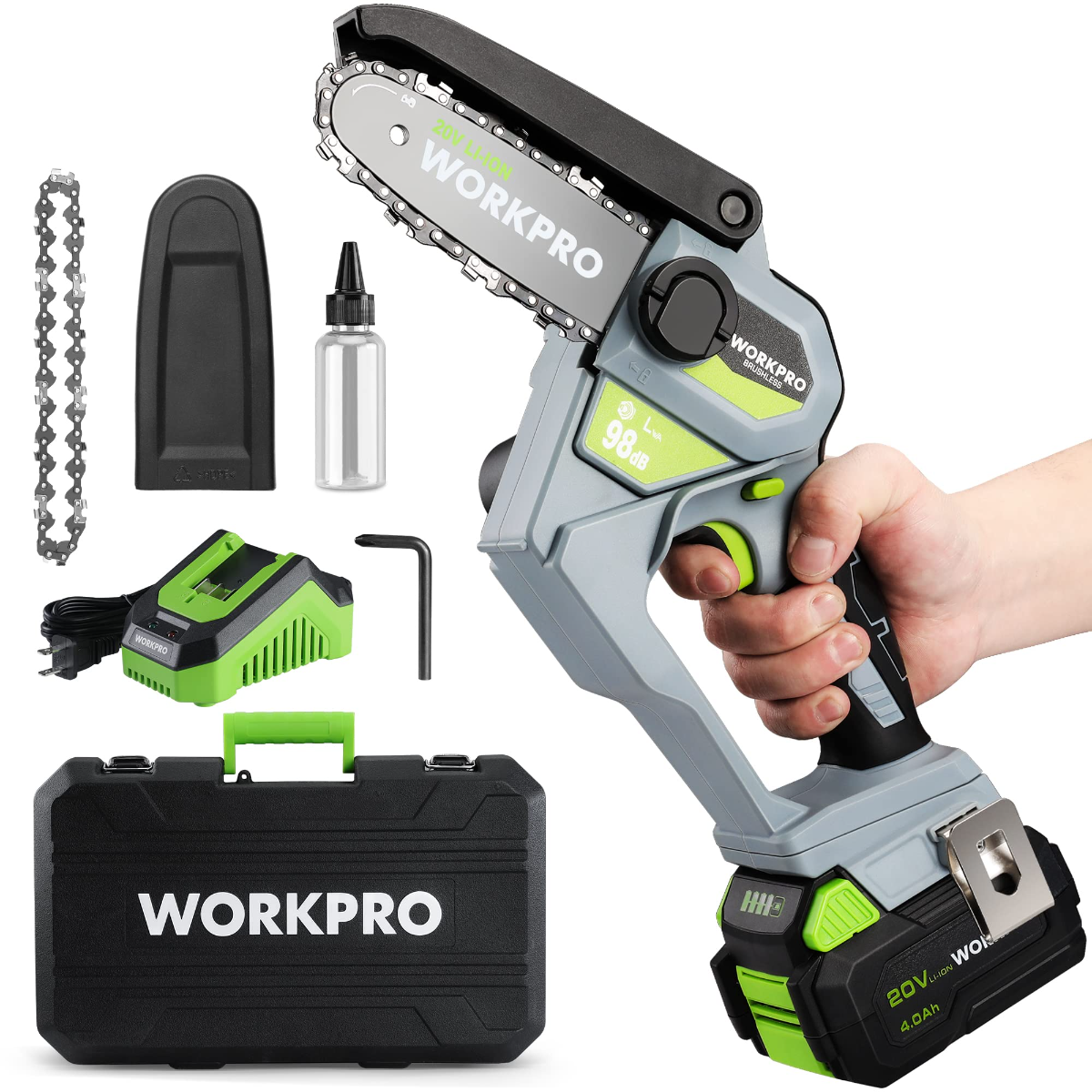 Cordless chainsaw with battery pack and guide bar, green and gray body